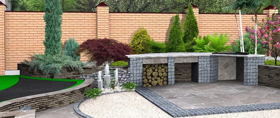 3D design rendering of an outdoor space in Northampton, PA, with patio, water feature, and landscaping.