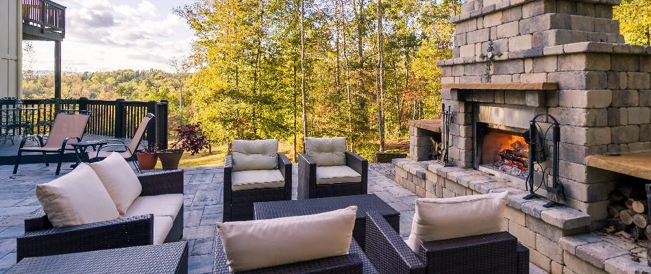 Chairs in front of an outdoor fireplace in Macungie, PA.