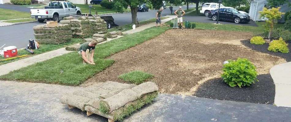Workers laying sod squares on dirt in Macungie, PA.