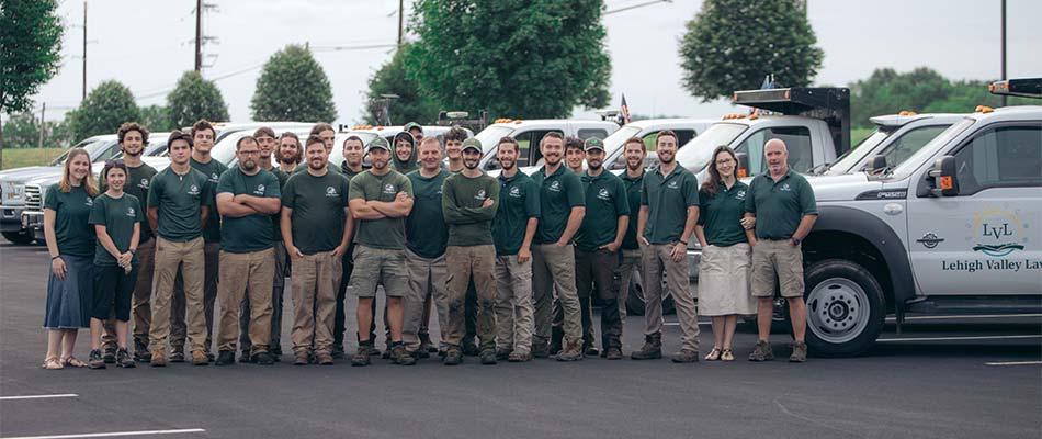 Lehigh Valley Lawn full team and work truck fleet near Macungie, PA.