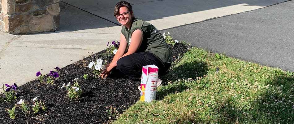 Planting new flowers in a landscape bed in Macungie, PA.