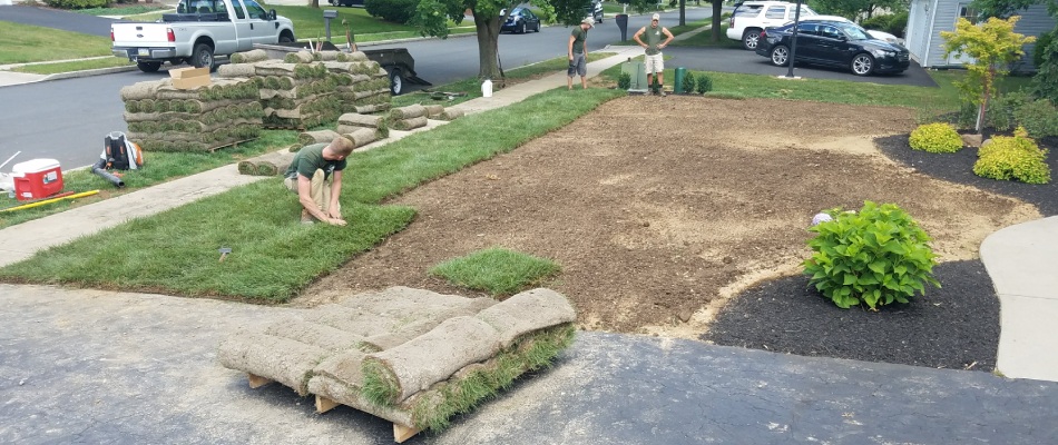 Workers installing sod rolls onto lawn in Emmaus, PA.