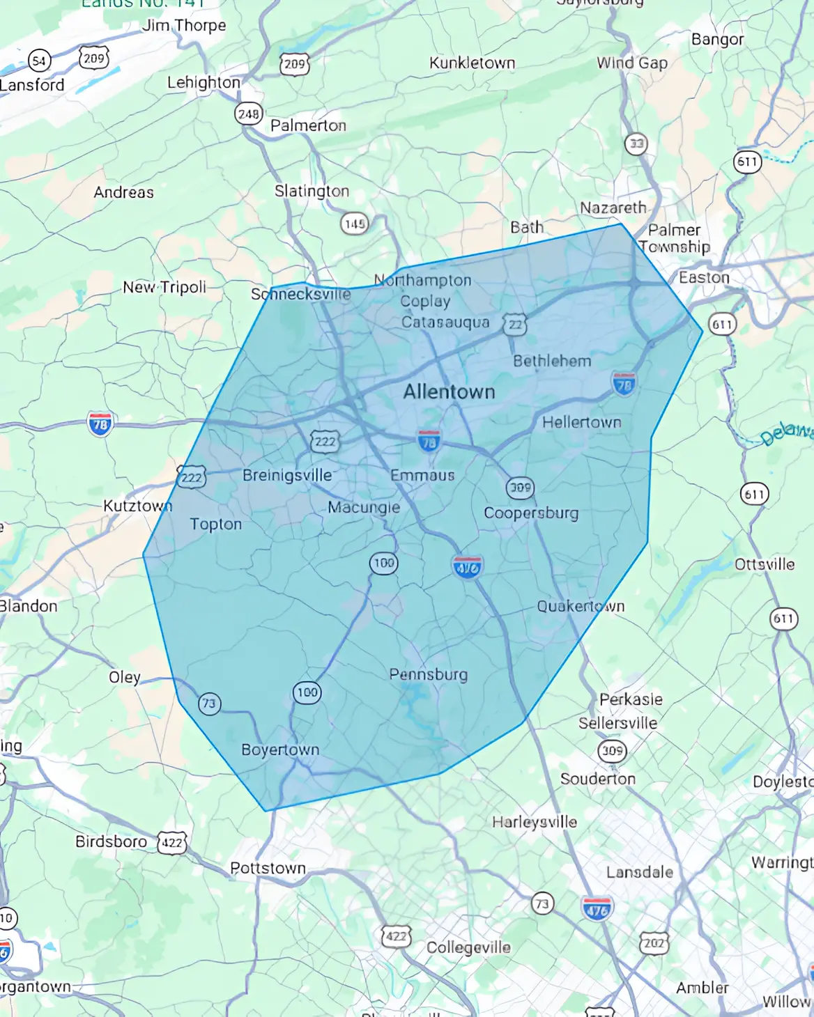 Lehigh Valley Lawn service areas map.